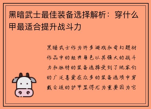 黑暗武士最佳装备选择解析:穿什么甲最适合提升战斗力 黑暗武士最佳装备选择解析:穿什么甲最适合提升战斗力