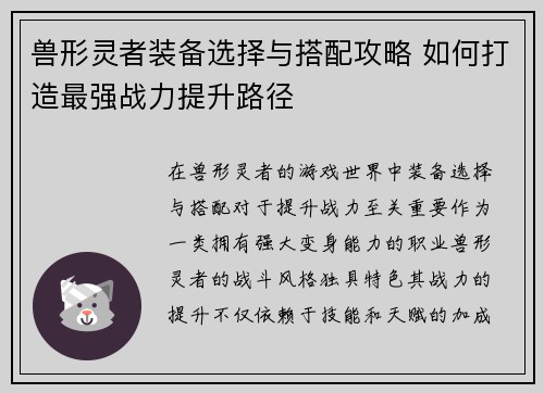 兽形灵者装备选择与搭配攻略 如何打造最强战力提升路径 兽形灵者装备选择与搭配攻略 如何打造最强战力提升路径